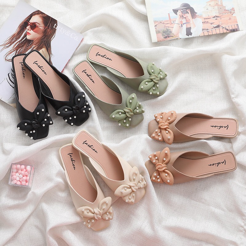 Dép sục nơ nữ đính ngọc cực đẹp sục nữ nhựa thơm thắt nơ ngọc thời trang mềm mại êm chân sục nơ nhựa đi mưa mẫu hot 2021