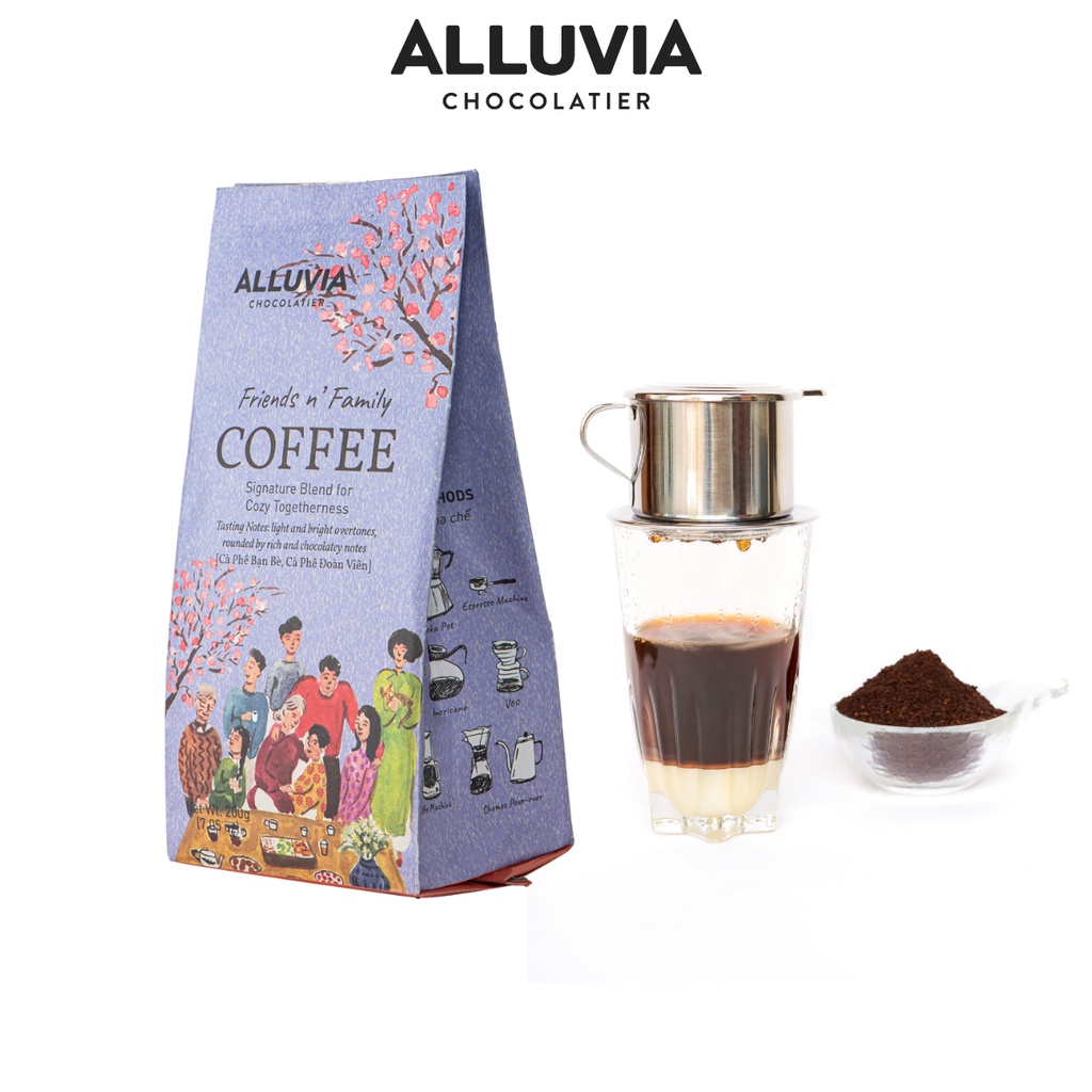 Cà phê nguyên chất rang mộc Alluvia Friend N Family rang xay gói 200 gram