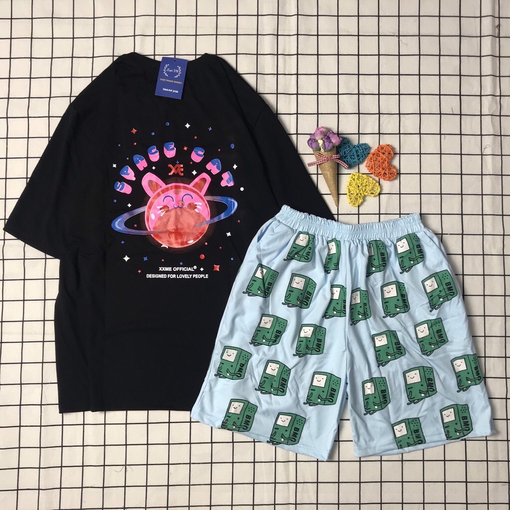 Đồ Bộ Hoạt Hình Đảo Mèo SPACE CAT Siêu Dễ Thương Vải Coton Thoáng Mát Đồ Bộ Unisex Đồ Bộ Mặc Nhà Đẹp  Đồ Bộ Đùi Thể Thao Dễ Thương TTSLB0093
