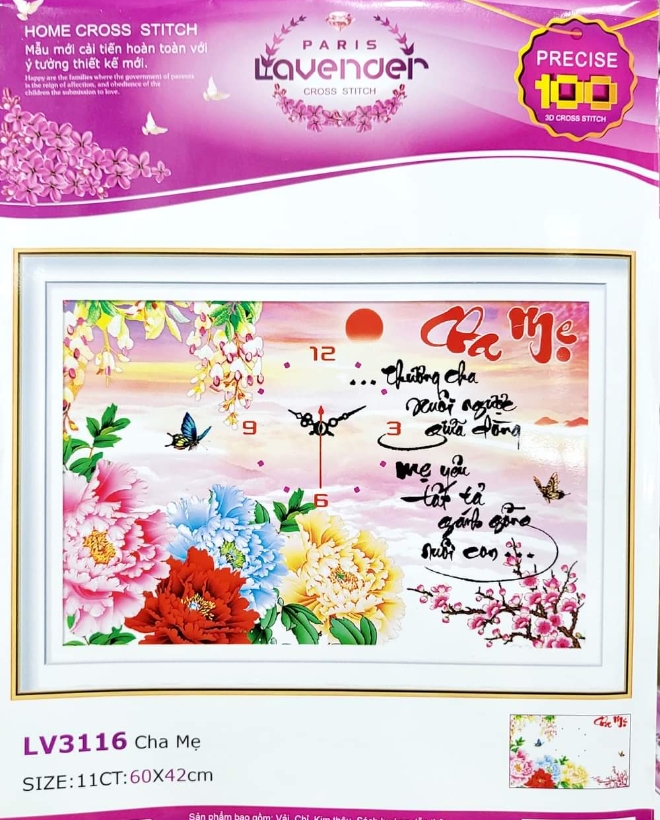 [HCM]Tranh thêu chữ thập cha mẹ hoa mẫu đơn đồng hồ LV3116 - kích thước 60 * 42
