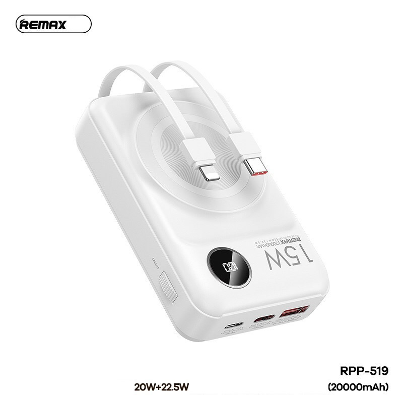Pin dự phòng không dây remax rpp-519 20000mah sạc nhanh không dây 15w có dây chuẩn pd max 22.5w kèm 1 cáp type c và 1 cáp lightning