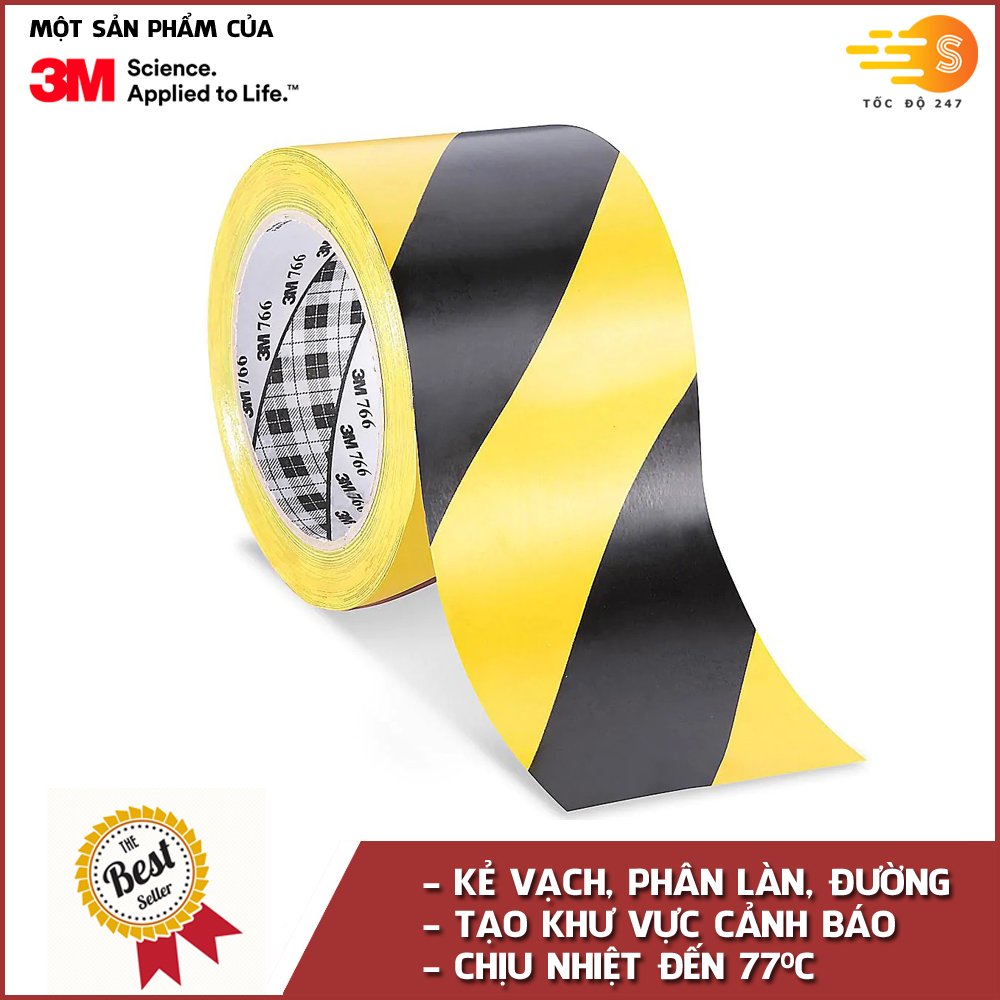 Băng keo dán nền chịu nhiệt sọc vàng đen 50mm x 33m 3M 766 - Tốc Độ 247 kẻ vạch phân làn đường chịu nhiệt cao