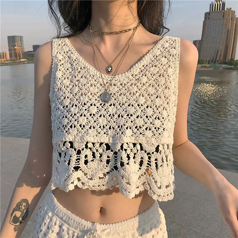 Set Ren Bikini Vintage Đi Biển Gồm 2 Món Bra Và Sooc
