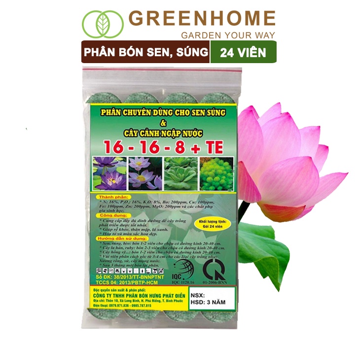Phân bón hoa Sen, vỉ 24 viên, cây thuỷ sinh, ngập nước, cho hoa to, hoa đậm màu, lâu tàn, tốt lá