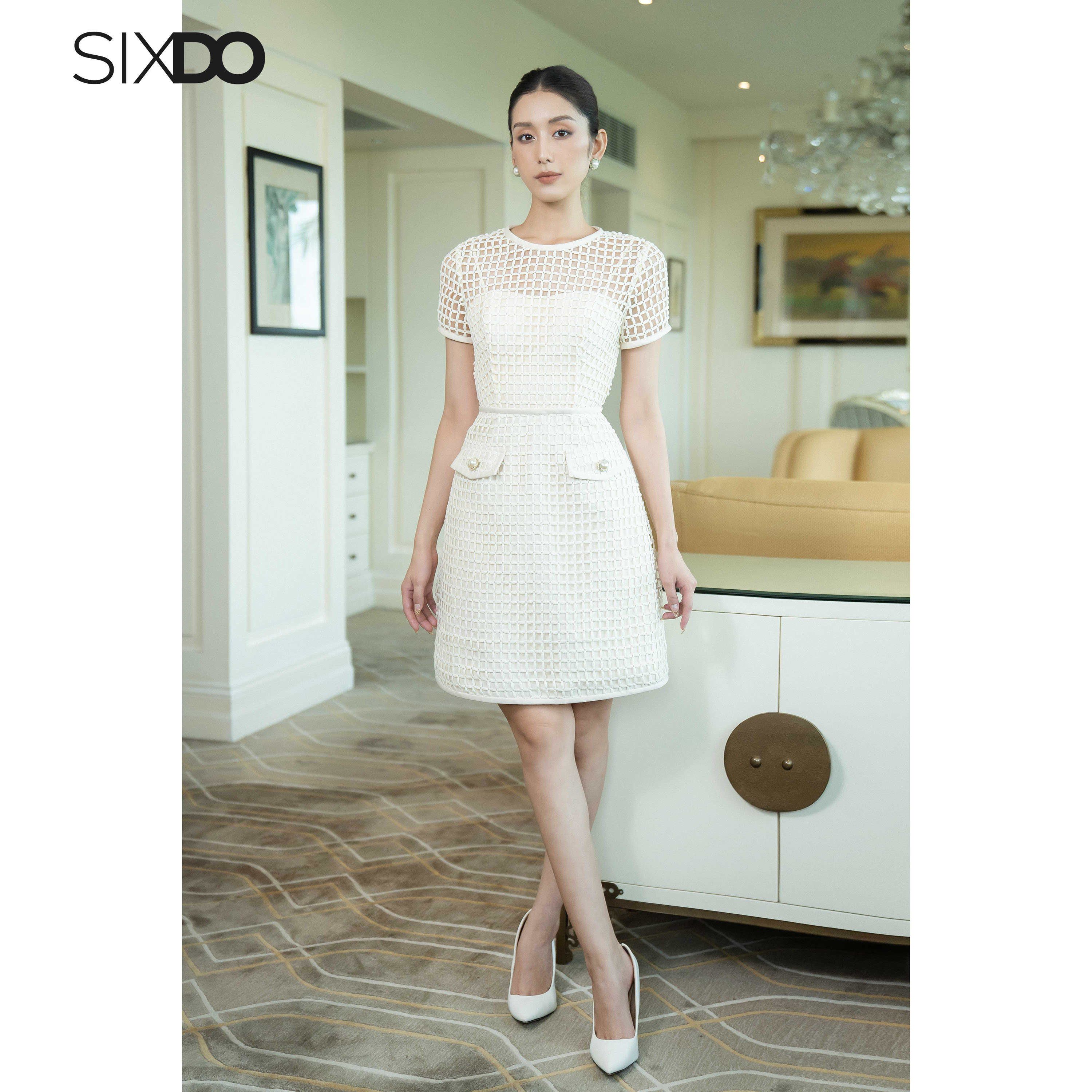 Đầm be ren lưới ngắn tay SIXDO (Dark Beige Short Sleeves Mini Lace Dress 1)