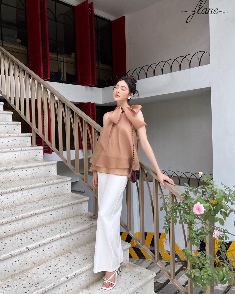 ❤️❤️ Siêu phẩm sét áo cổ yếm buộc nơ mix quần dài trắng 🥰🥰🥰-LĐ