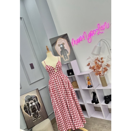 Đầm maxi caro khoét 2 dây - Maxi Ngọc Lan