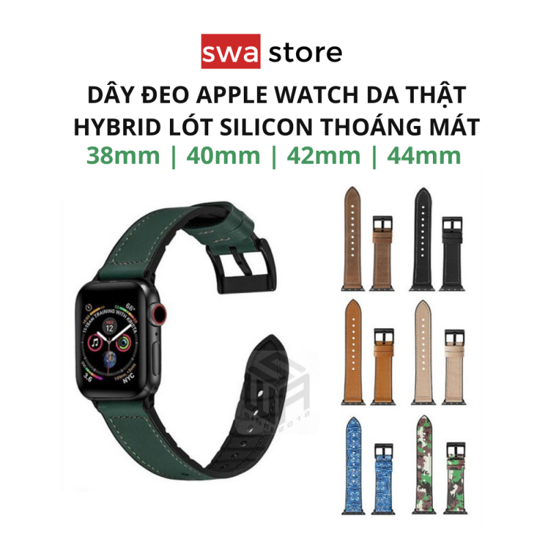 Dây da thật đồng hồ Apple Watch Series 1/2/3/4/5/6/SE cho mặt đồng hồ 38/40/42/44mm kiểu Hybrid lót silicon mát tay thoáng khí SWA STORE