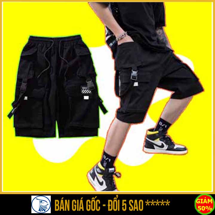 ⚡️VẢI ĐẸP - ẢNH THẬT⚡️Quần short Túi Hộp Pant phản quang phối dây cao cấp Unisex QUẦN ĐÙI LỮNG NAM NỮ CHẤT KAKI ĐEN S0