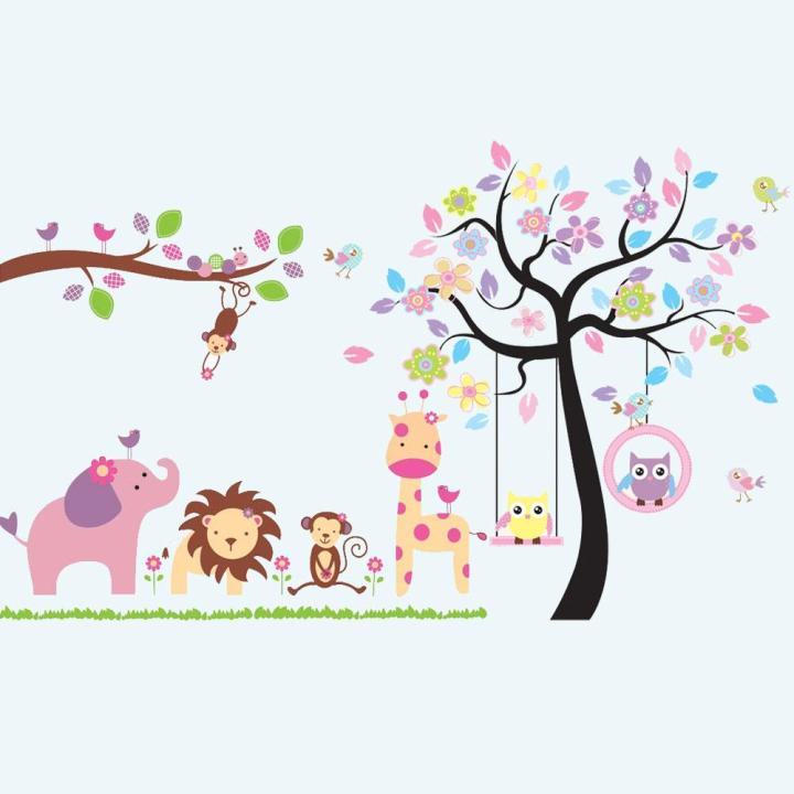 Sticker Decal dán tường kết hợp Các con thú dưới bóng cây  AY869+DF5211
