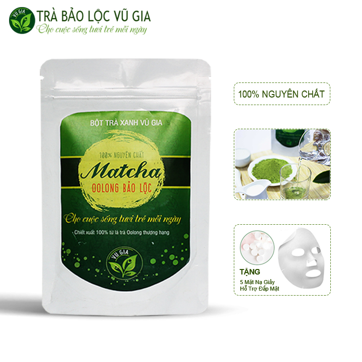 Matcha Oolong Sấy Lạnh Nguyên Chất Bảo Lộc Vũ Gia (50g/túi) + Tặng 5 Mặt Nạ Giấy Đắp Mặt Nạ - Pha trà sữa matcha latte, làm bánh, gia vị món ăn thơm ngon - Đã được kiểm nghiệm y tế