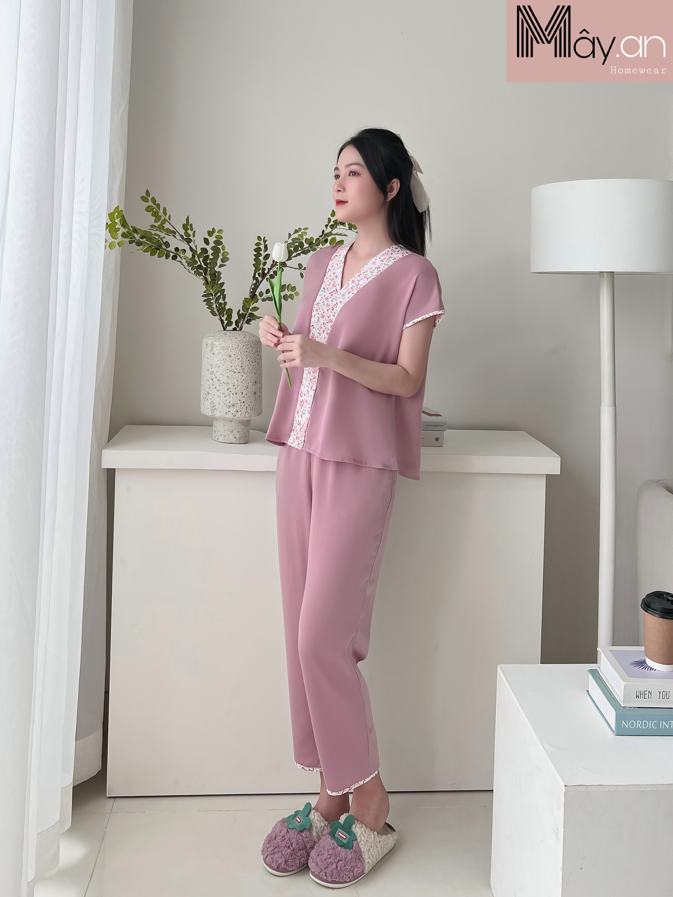 Đồ mặc nhà Mây áo viền hoa lụa nhung cao cấp - quần dài