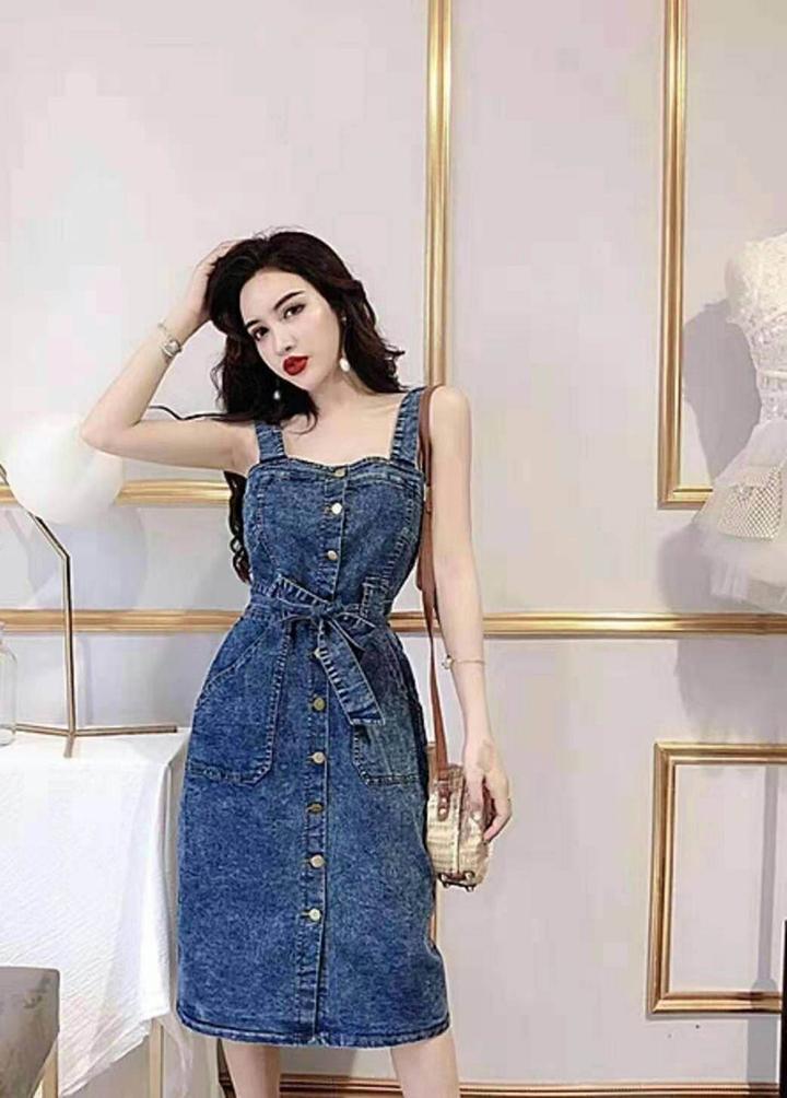Đầm Yếm Jean Nữ Thắt Dây Eo Thời Trang