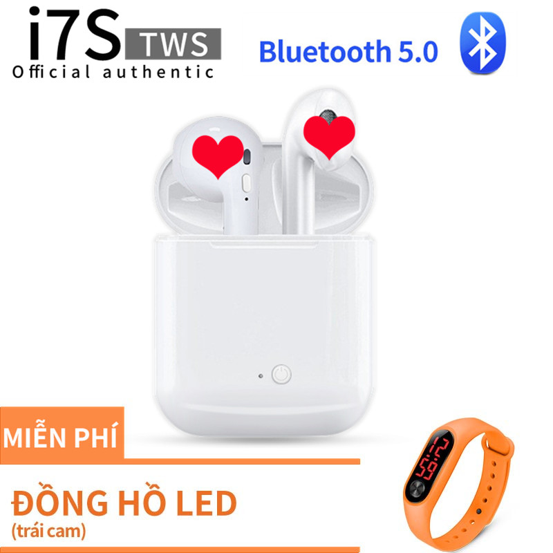 Tai nghe nhét tai không dây bluetooth i7s thiết kế bộ 2 tai nghe bluetooth i7s + đế sạc tai nghe không dây nhỏ gọn, tiện lợi, âm thanh cực chất với đồng hồ led miễn phí