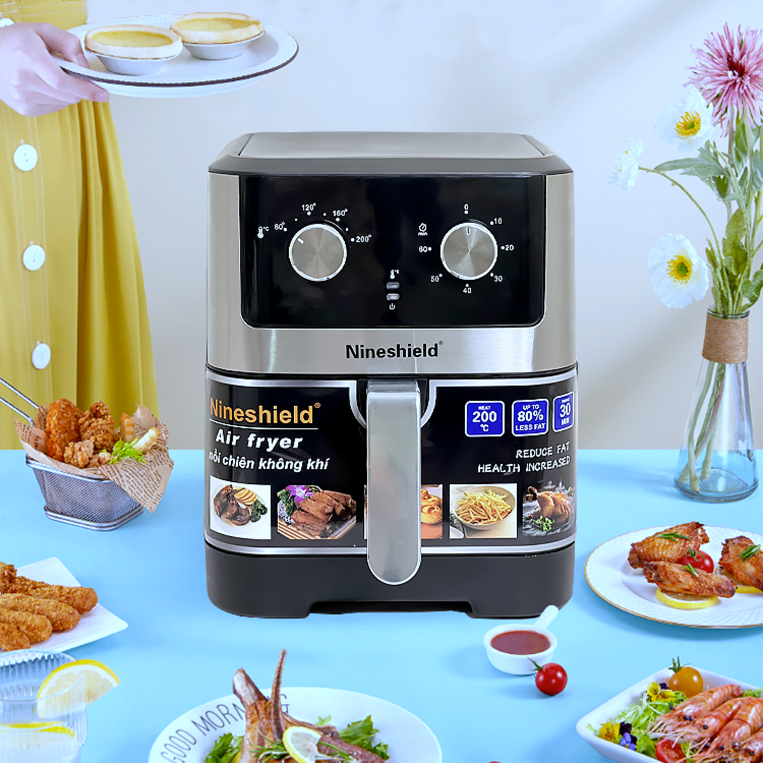 Nồi chiên không dầu nineshield - nồi chiên cỡ đại 9l/ 105l - nắp kính - noi chien khong dau - công suất 1600w - bếp chiên không khí
