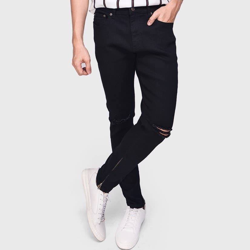 [HCM](Jean co giãn)Quần Jean Nam Đen Rách Gối Khóa Ống Hàn Quốc (kèm zip)
