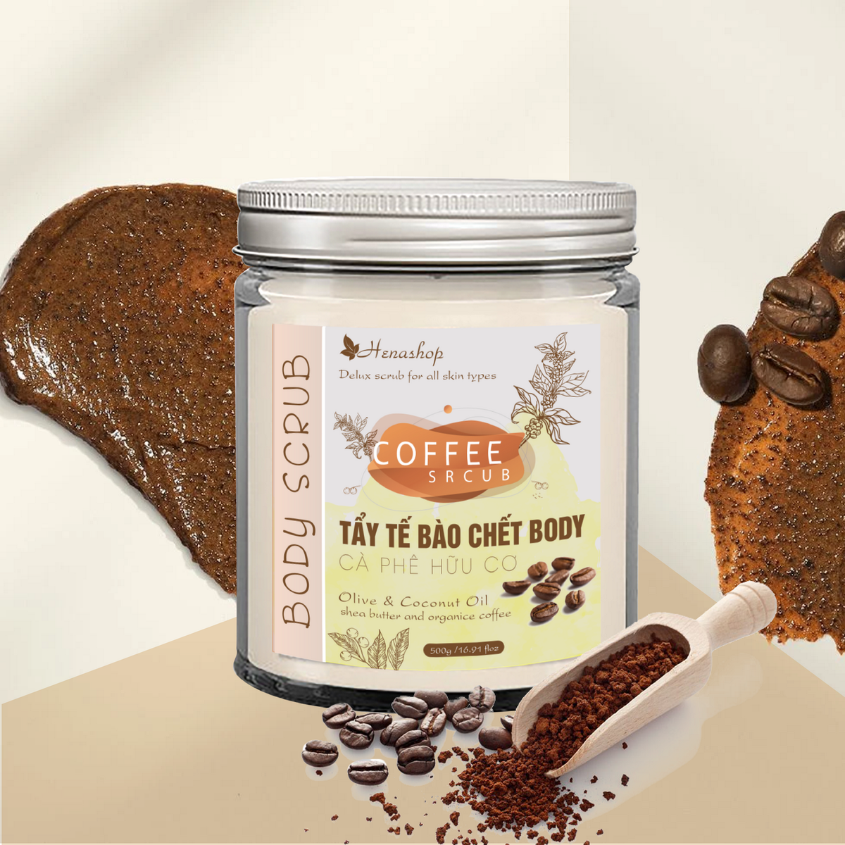 Tẩy tế bào Chết Cà Phê Sữa Dừa Henashop 500gr