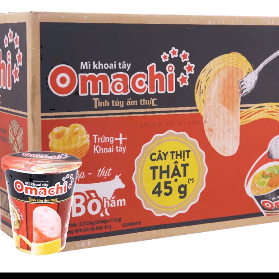 Mì Omachi sốt bò hầm ly có thịt thật 113gam(24 ly)