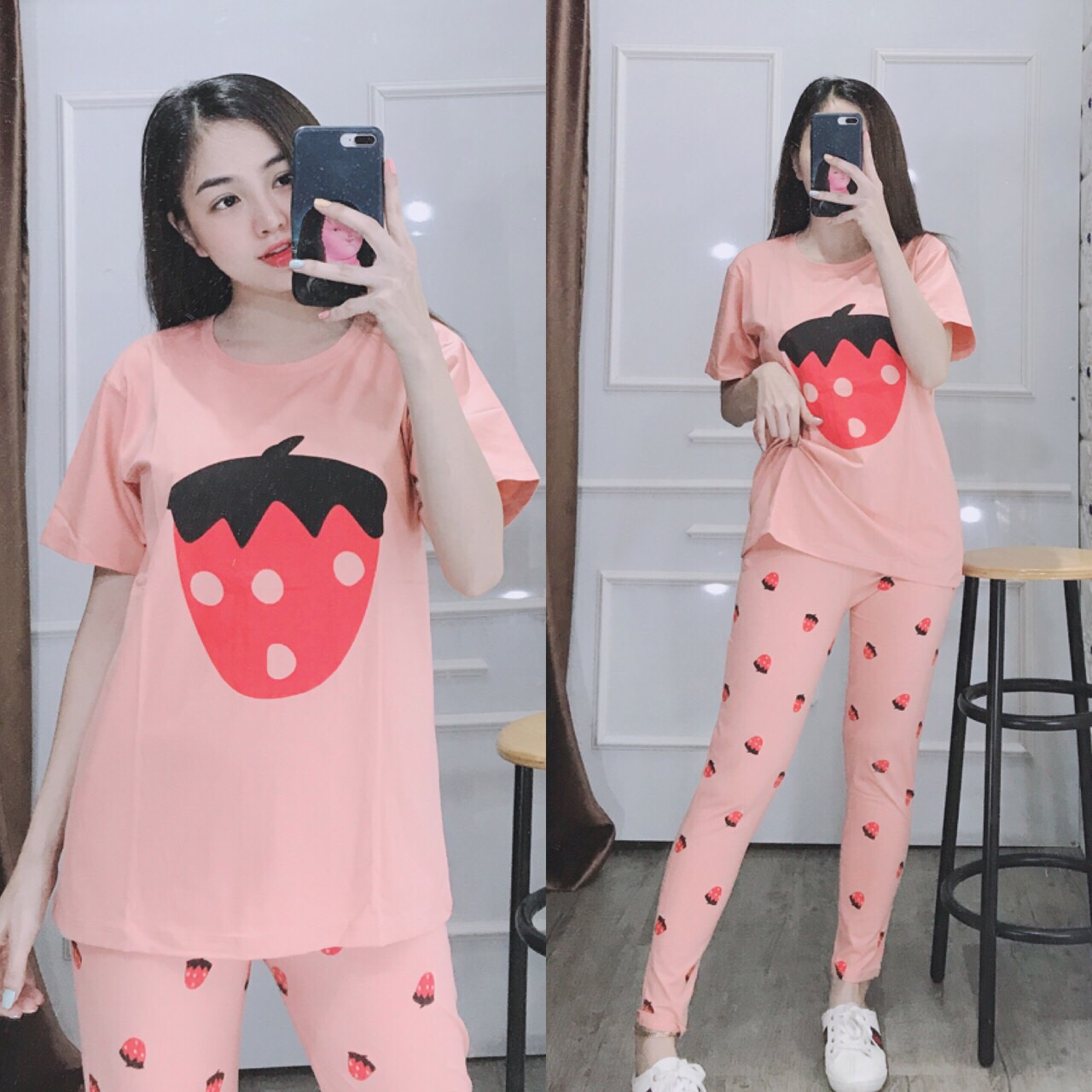 BỘ MẶC NHÀ HỌA TIẾT DÂU CUTE