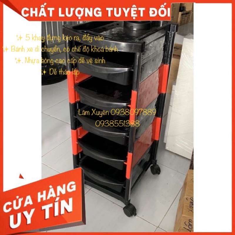 Xe đẩy làm tóc xe đẩy hoá chất 5 tầng FREESHIP xe đẩy salon màu đỏ đen, 5 hộc để đồ, nhựa cao cấp dễ lau chùi có bánh xe đi chuyển được