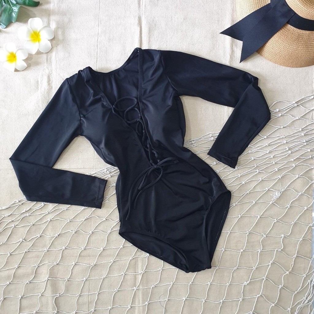 [HCM]Bikini Đồ Bơi Một Mảnh Thân Liền Đen Tay Dài Đan Ngực 00620 ODERI
