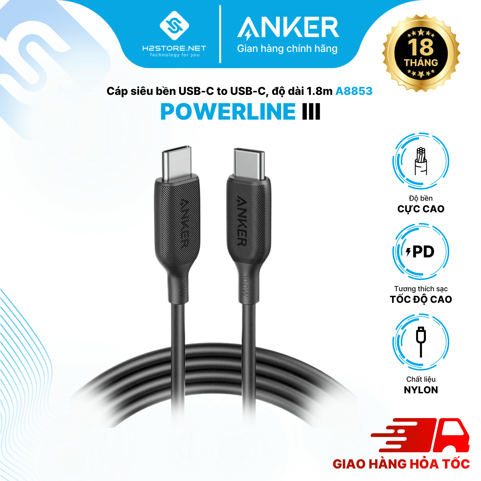 Cáp ANKER PowerLine III USB-C to USB-C dài 1.8m - A8853