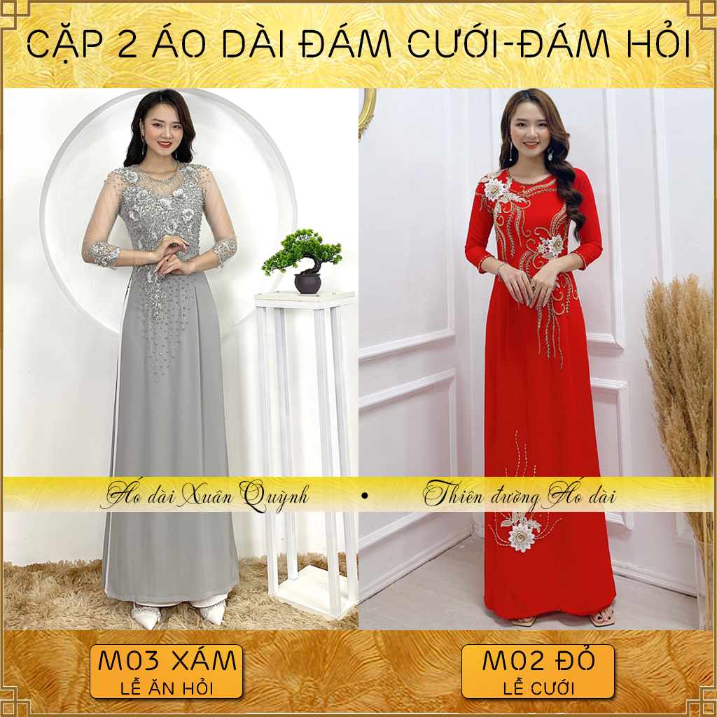 Cặp 2 Áo Dài Tiệc Cưới, Hội Nghị Hội Thảo Đính Kết Thủ Công Màu Ghi, Đỏ Tươi - Áo Dài Xuân Quỳnh