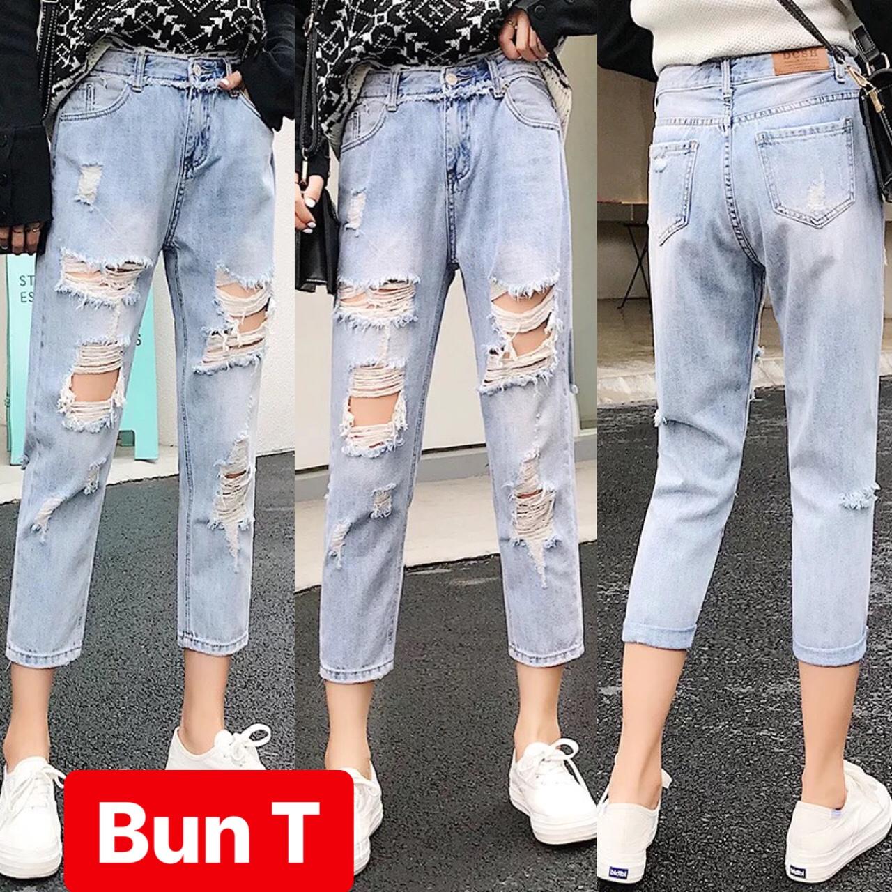 QUẦN BAGGY JEAN NỮ CHẤT BÒ XANH RÁCH SANG HÀN QUỐC LƯNG CAO NÂNG MÔNG T&T-3081 - TRANG BUN FASHION