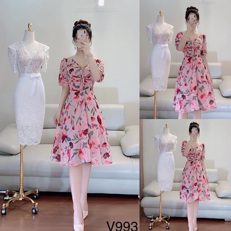 Đầm xòe voan in hoa cao cấp V993