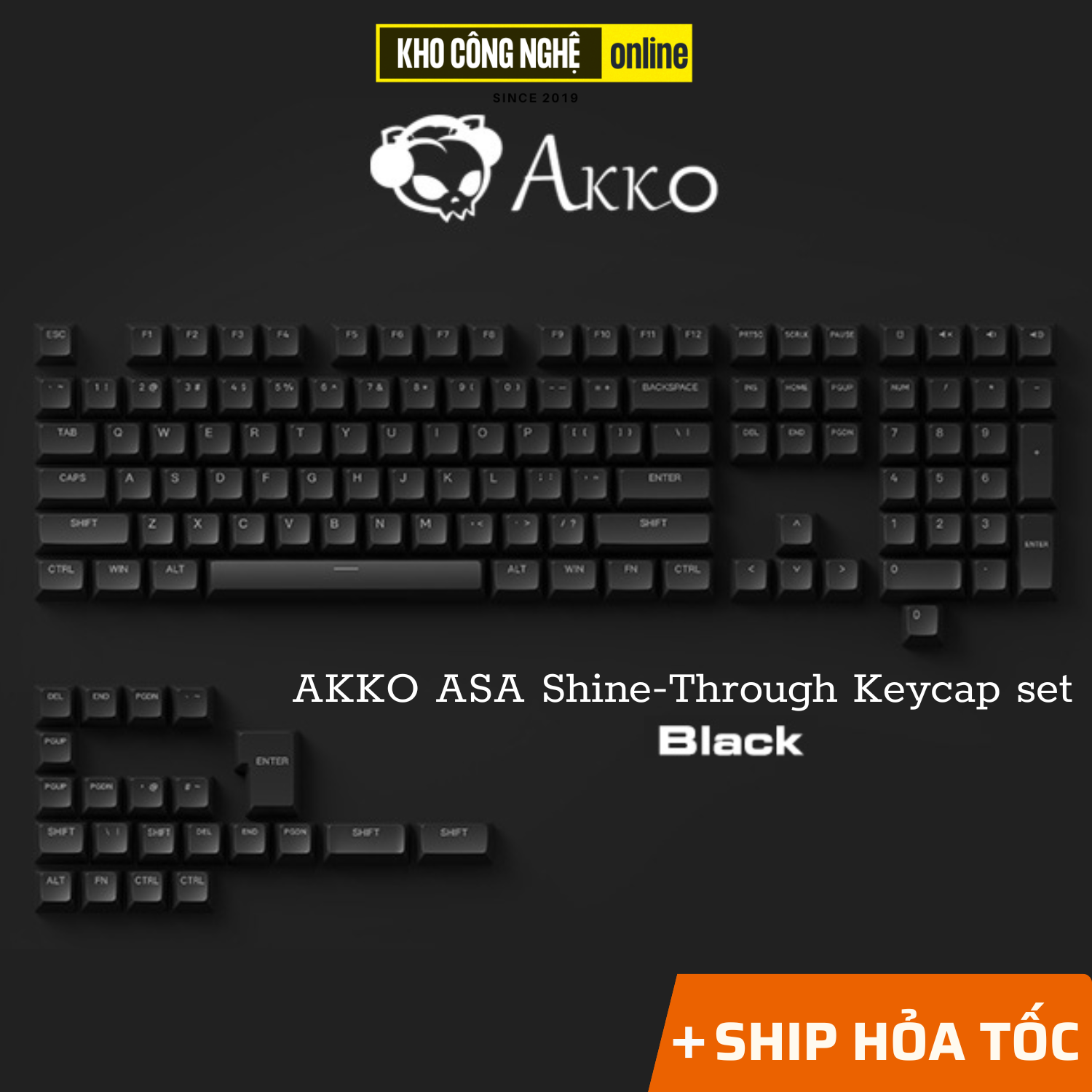 Bộ Keycap AKKO ASA Shine-Through Keycap set – Black (Xuyên LED / ASA profile / 131 nút) - Hàng Chính Hãng