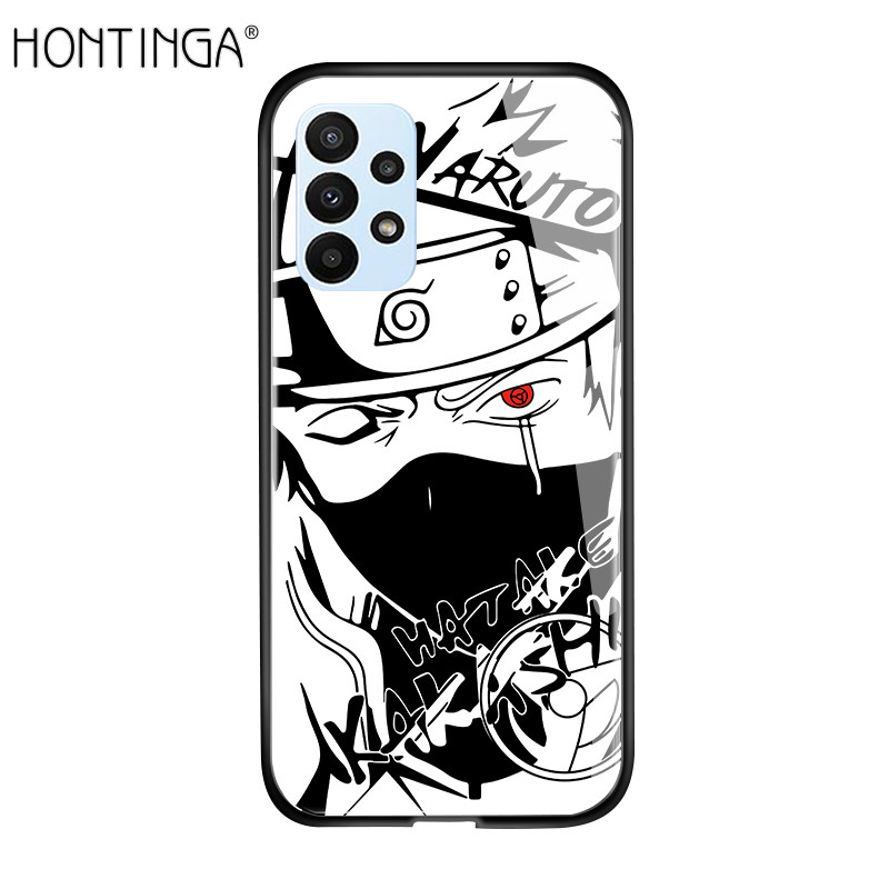 Hontinga Casing Case For Samsung Galaxy A23 Case Anime For Girls Women Sketch Black White Naruto Series Sasuke Kakashi Casing Soft Edge Tempered Glass Phone Case Back Cover Casing Hard Case For Boys