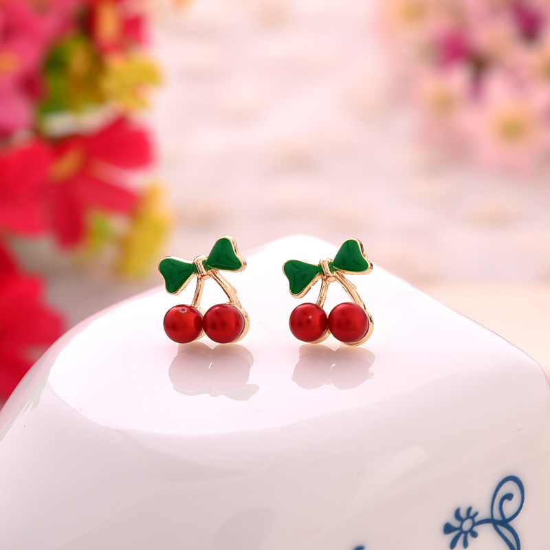 Khuyên tai bông tai nụ sát tai hình quả cherry mini gắn nơ xinh xắn dễ thương màu đỏ nổi bật dễ sử dụng tiện lợi cho nữ phong cách Hàn Quốc KT-35