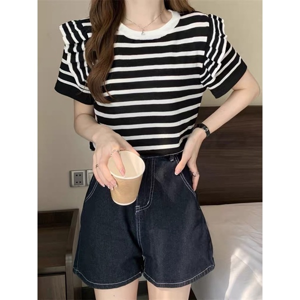 Áo Len Dệt Kim Nữ Tay Bèo - Áo Thun Nữ Cộc Tay Cổ Tròn Phối Kẻ Màu Thời Trang - LCXA160