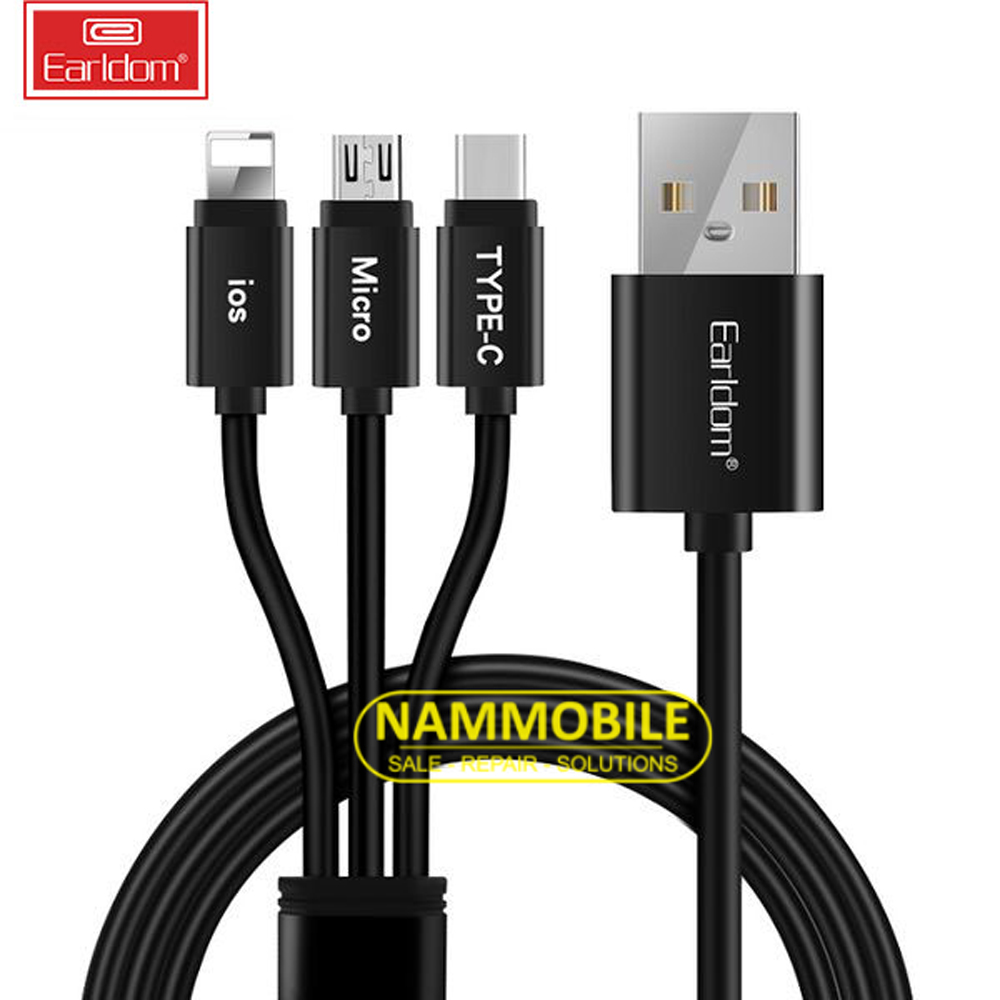 FREE SHIP Cáp Sạc 3 Đầu Lightning Type-C Micro USB Earldom 1m2 Bảo Hành 12 Tháng