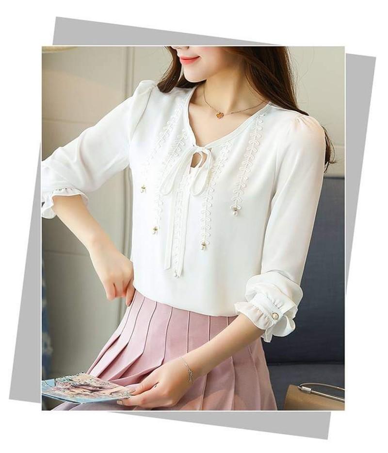 Áo kiểu tay nhúng phối nơ t-sm0kn5