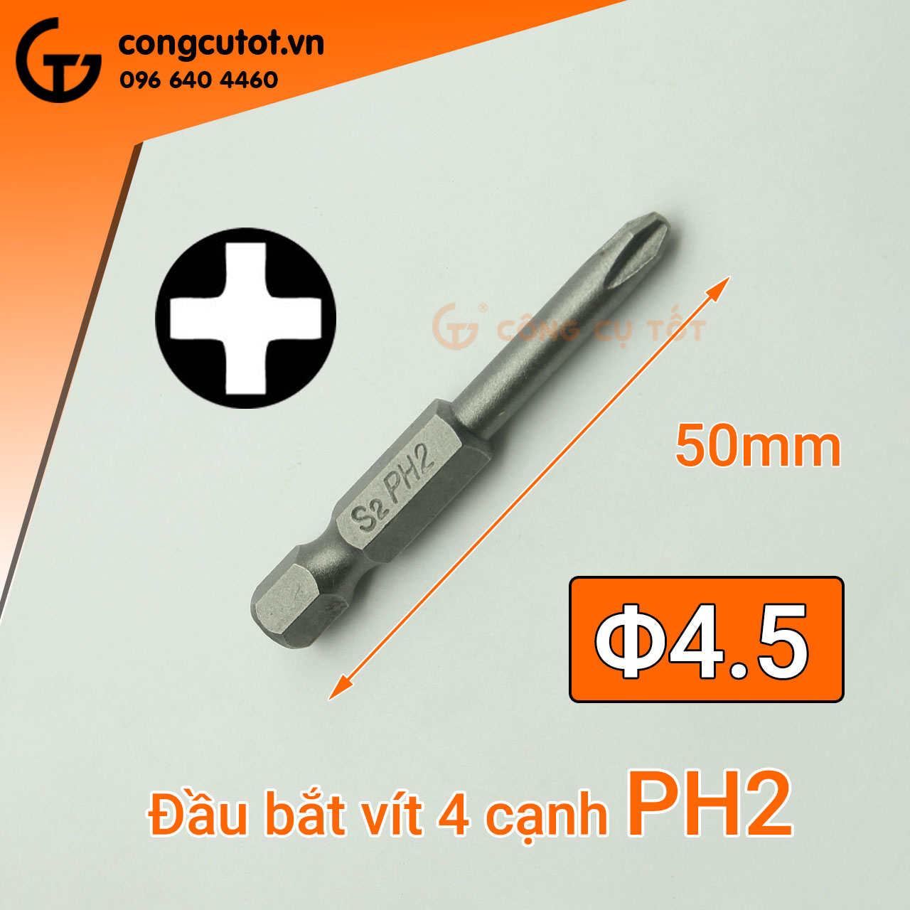 Đầu bắt vít 4 cạnh PH2 chuôi lục dài 50mm, 65mm, 75mm