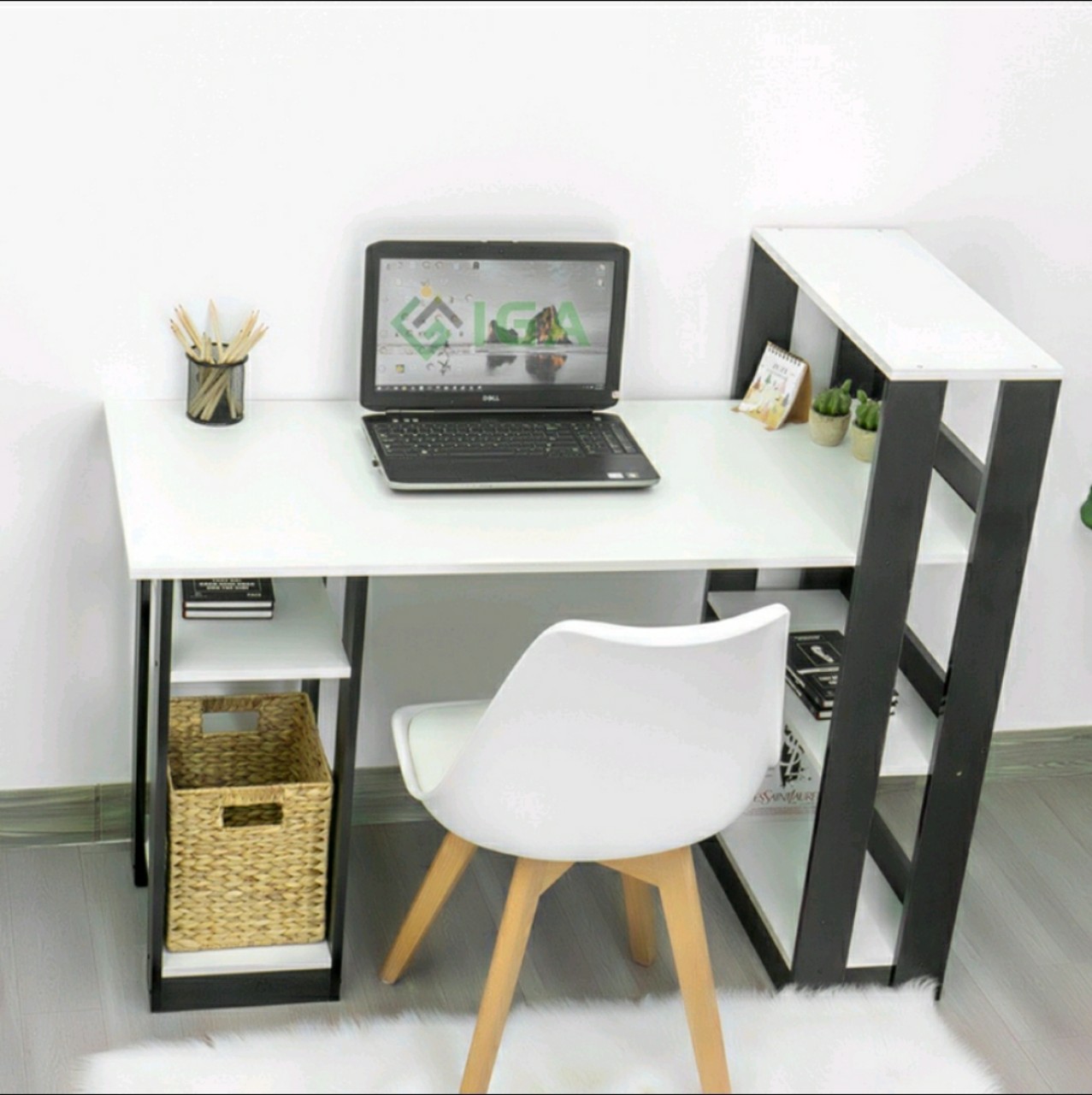 Bàn làm việc, bàn học sinh gỗ mdf lắp ghép kết hợp kệ sách 4 tầng tiện dụng.