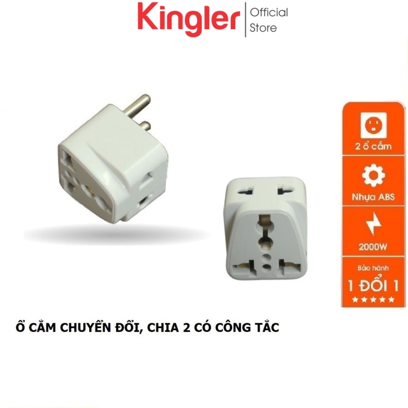 Ổ cắm điện 2 chức năng: ổ cắm chuyển đổi 3 chấu sang 2 chấu và chia 2 ra ổ cắm, phích cắm chia ổ, 2000w,abs chống cháy, chính hãng. kingler 8610