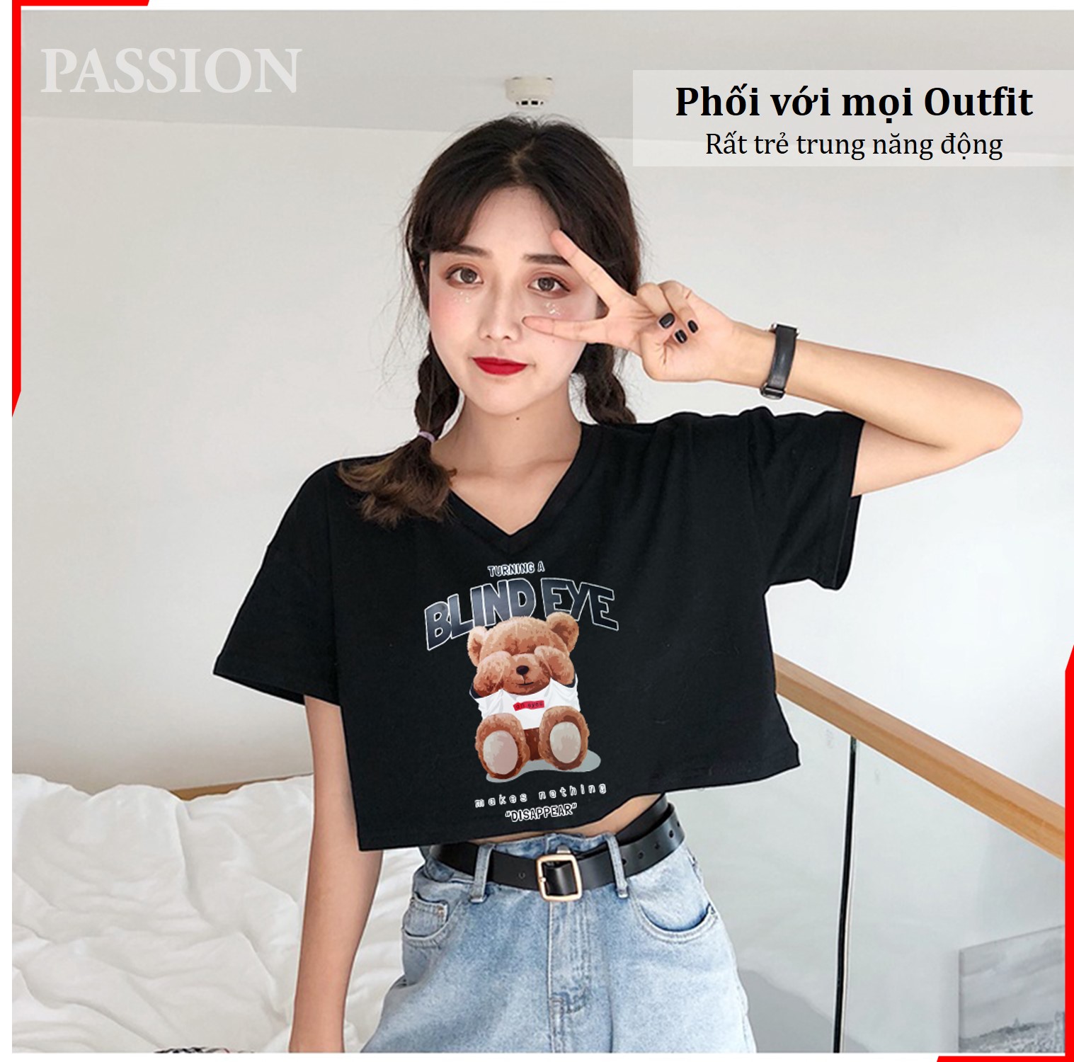 Áo thun croptop form rộng cổ tim in hình con gấu, kiểu dáng Ulzzang, croptop phom rộng cổ chữ V