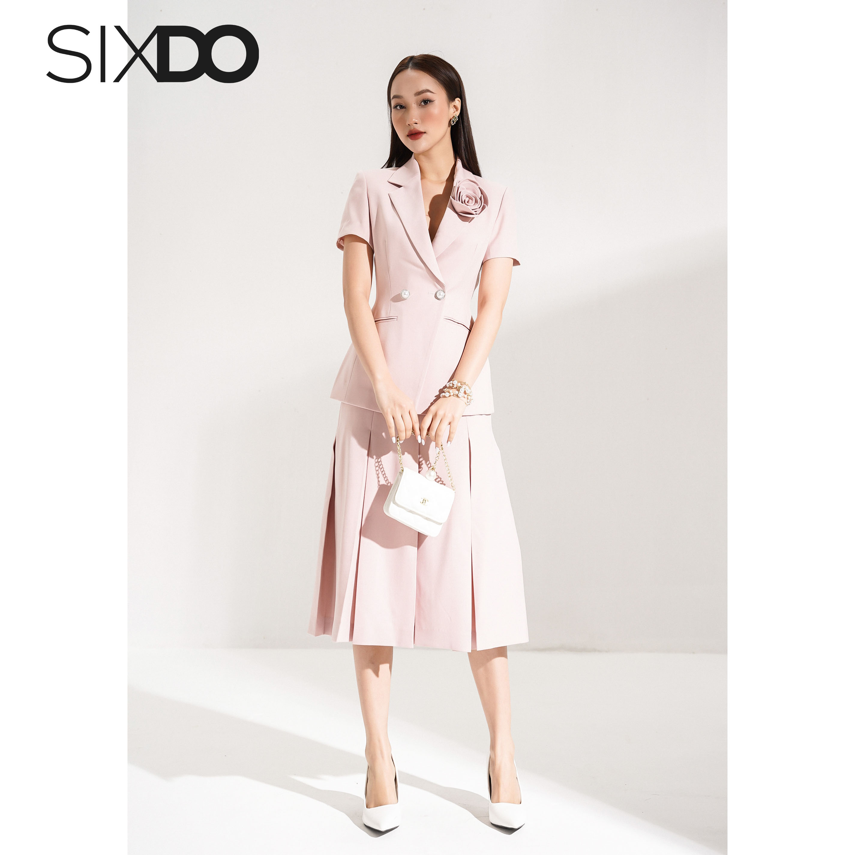 Chân váy tuýp xi hồng xếp ly SIXDO (Light Pink Knife Pleated Midi Skirt)
