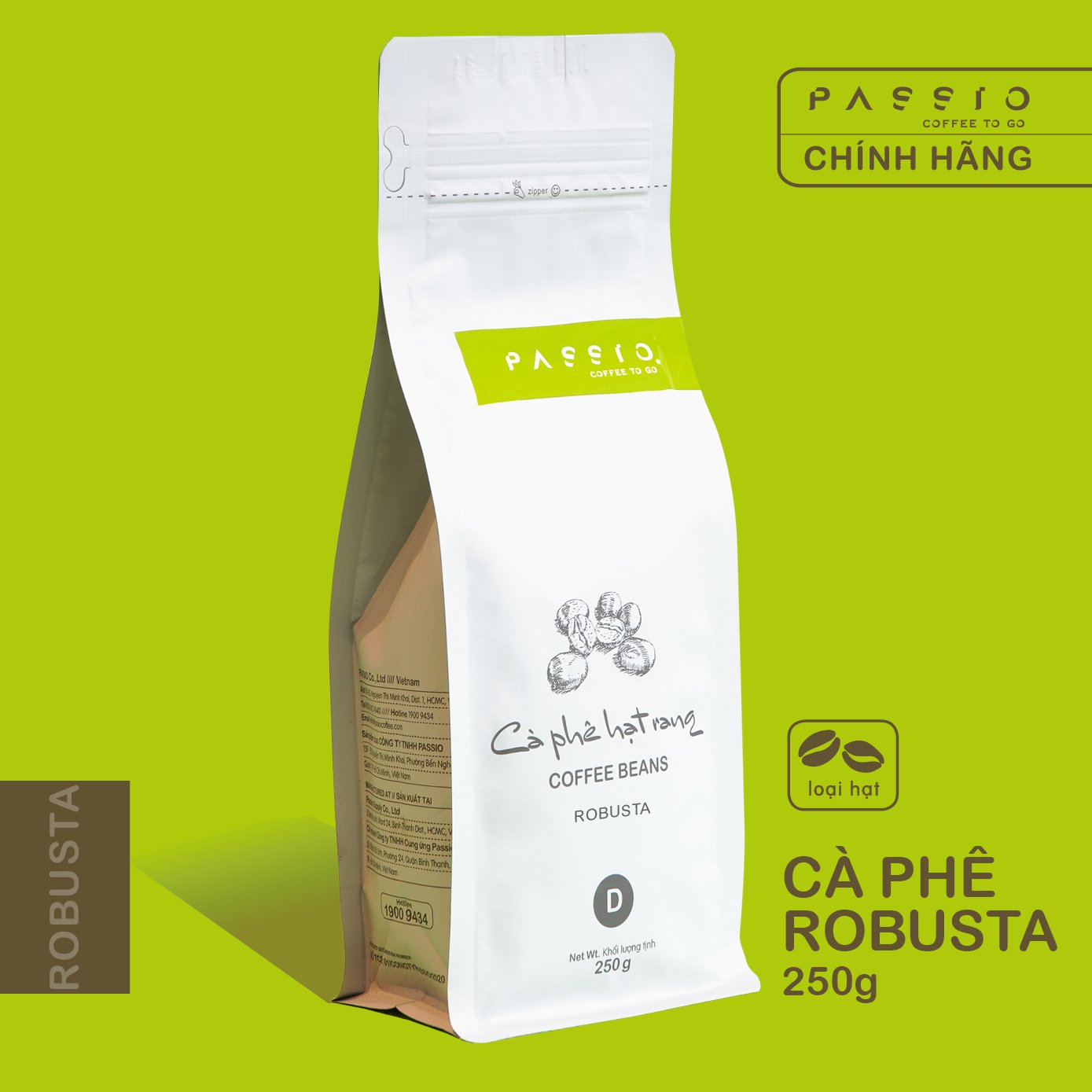 Cà phê Robusta dạng Hạt nguyên chất 100% rang mộc - Passio Coffee (250g)