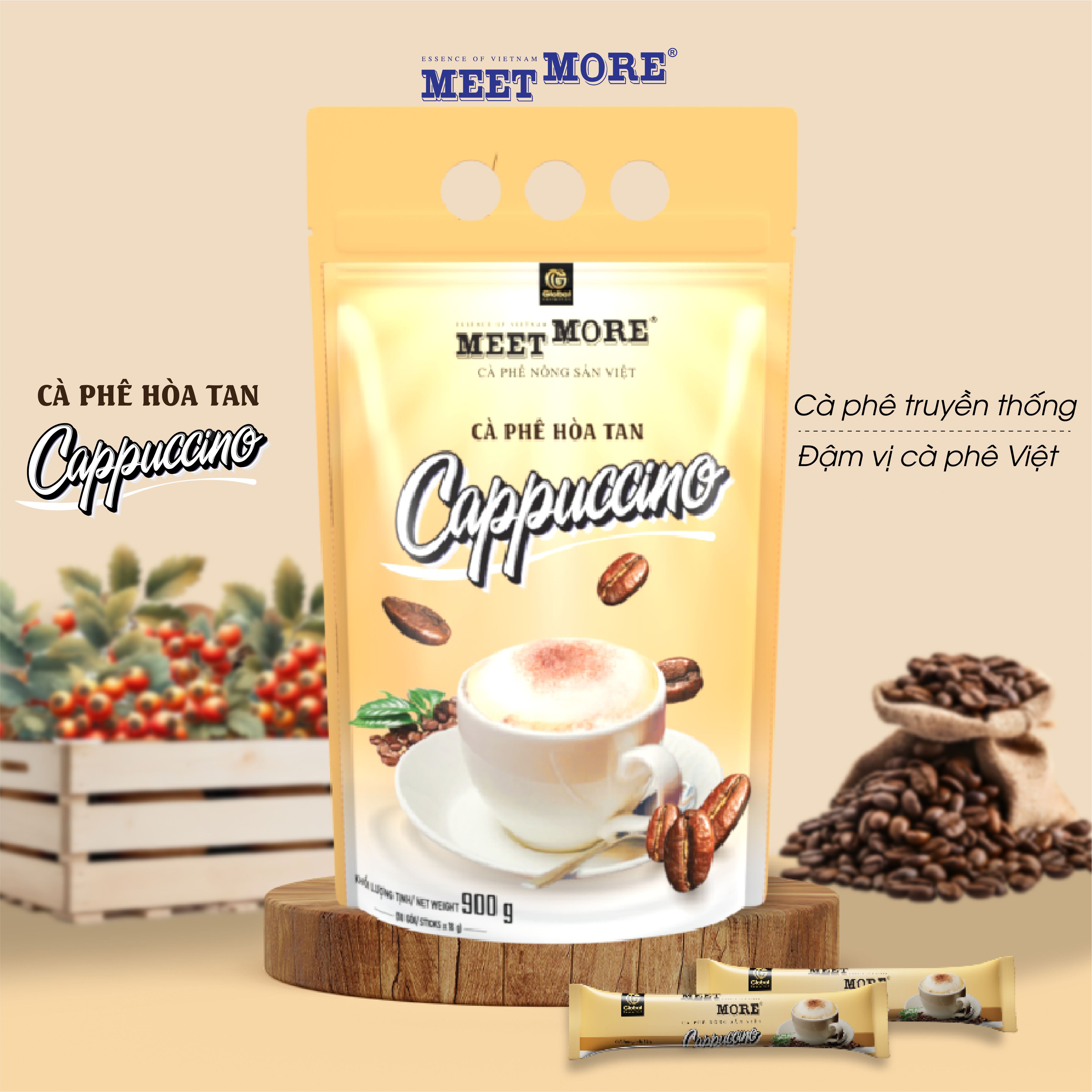 Cappuccino Meet More Instant Coffee Bag (50 Packs/18Gram) - Traditional Coffee