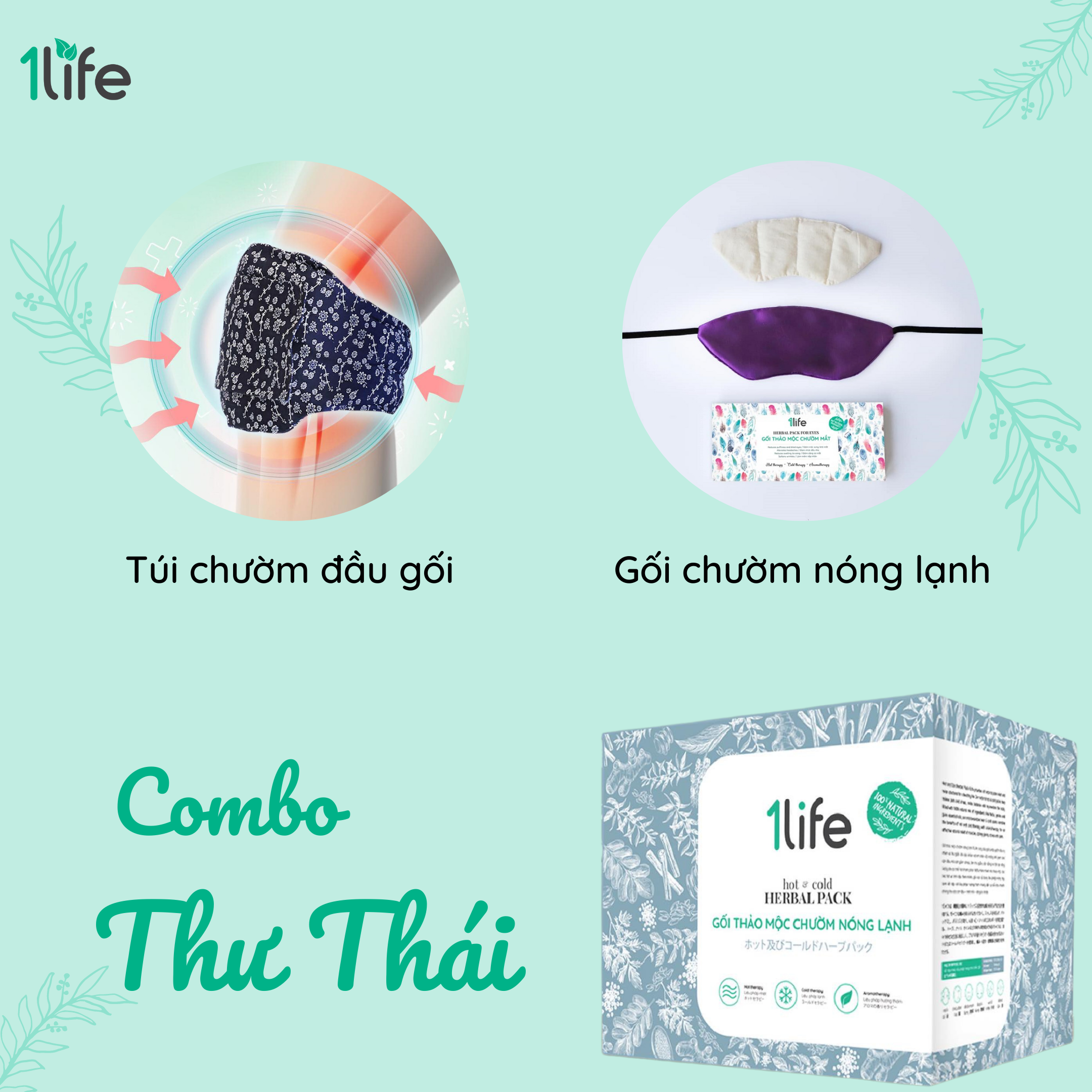 [FOLLOW_Giam10k] Combo thư thái 1LIFE (Túi thảo mộc chườm đầu gối và Túi thảo mộc chườm mắt) - Hot and Cold Herbal Pack