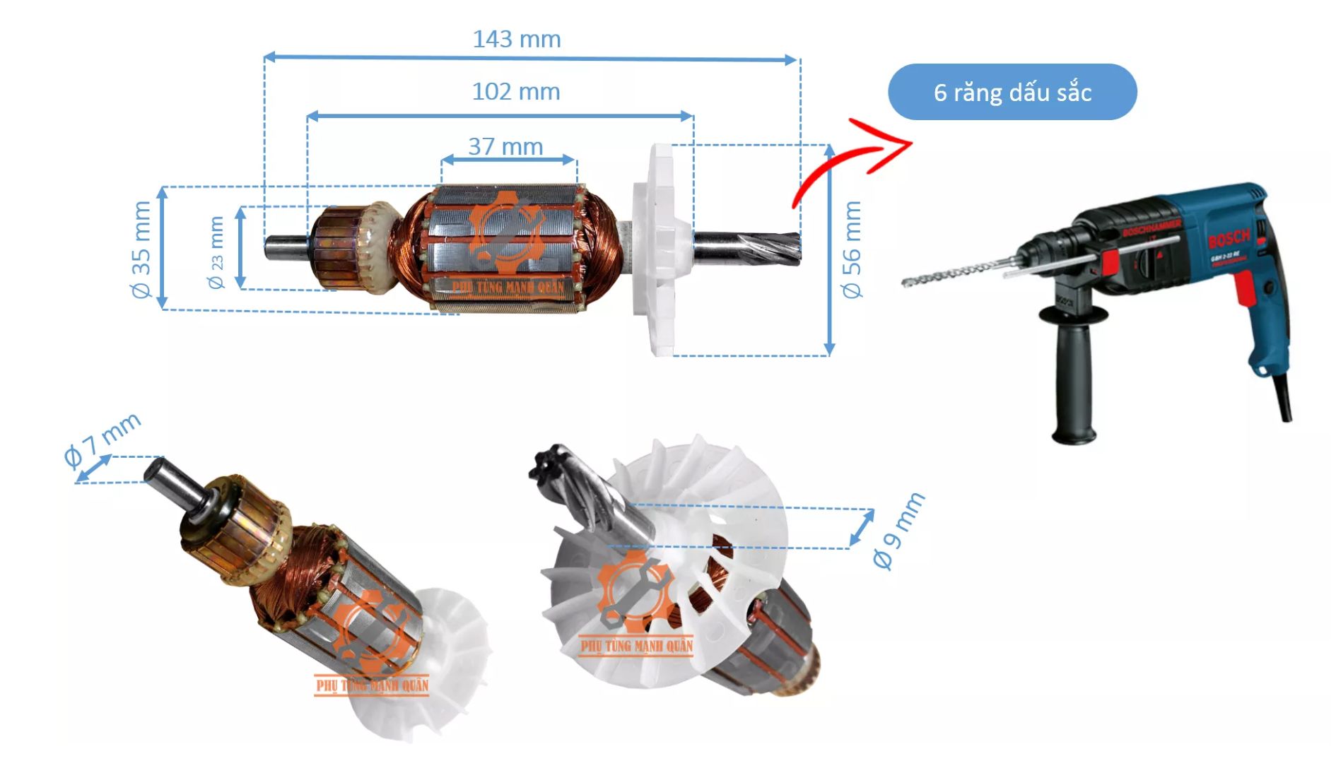 Rotor/ruột máy khoan bê tông BOSCHH 2-22 tặng kèm chổi than cao cấp