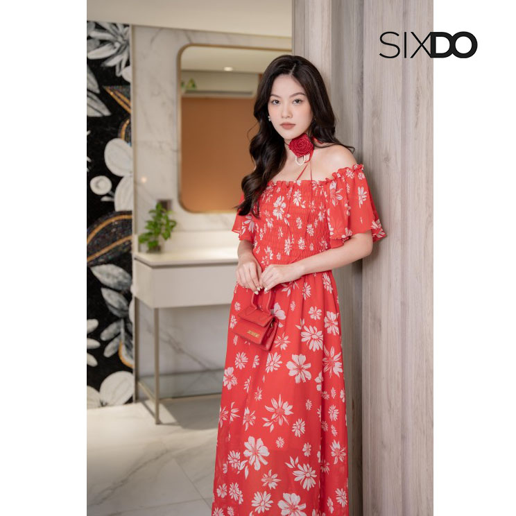 Đầm hoa maxi trễ vai bo chun SIXDO