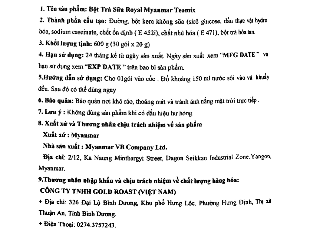 TRÀ SỮA ROYAL MYANMAR TEAMIX 600GR ( 30 GÓI x 20GR ) C