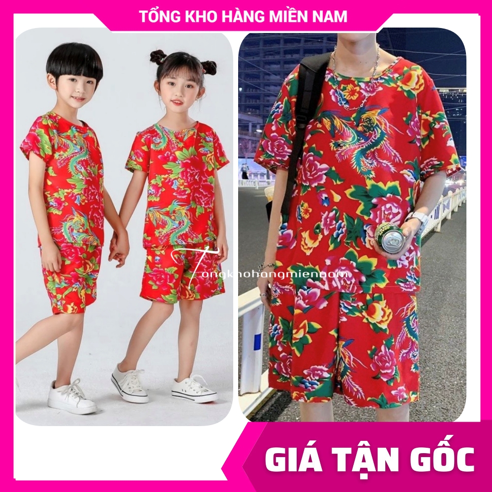 Đồ bộ khăn trải bàn màu đỏ xanh size đến 85kg vải thun mềm mịn mát Đồ bộ nhóm mặc tết Đồ bộ mẹ và bé DBRBD FULL SIZE