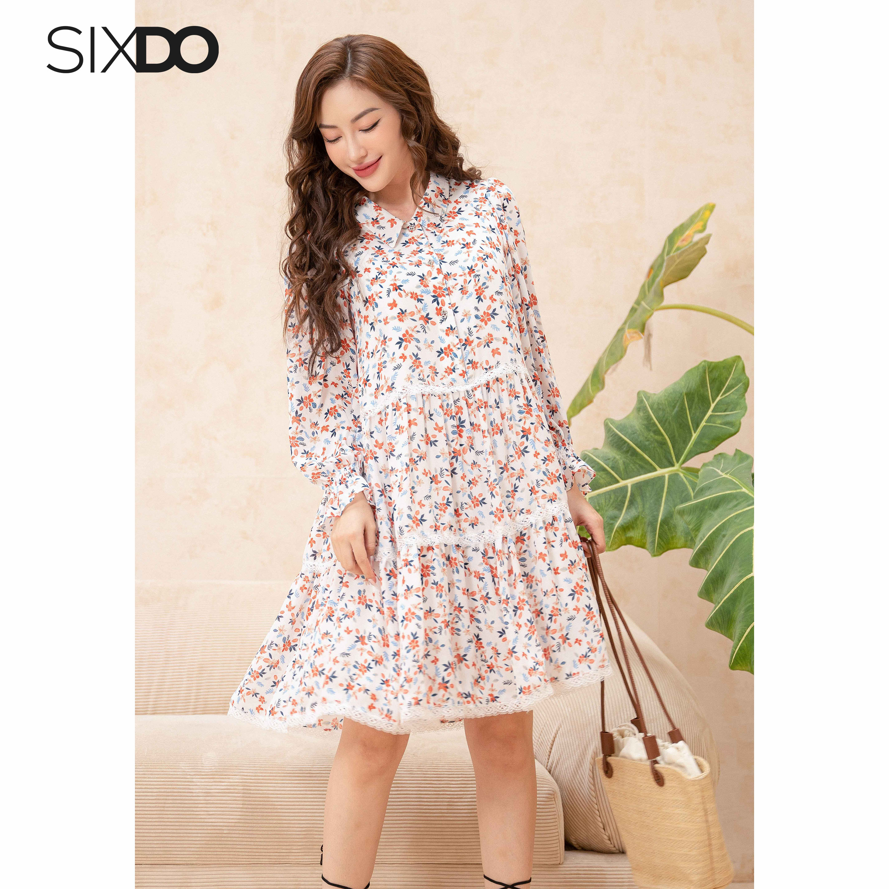 Đầm hoa babydoll dài tay SIXDO (Floral Midi Woven Dress)