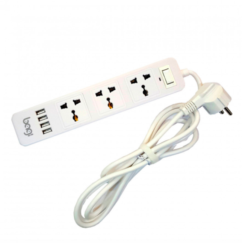 Ổ Cắm Điện Thông Minh 4 Cổng USB 3 Ổ Cắm Điện Dây Dài 2m - Bagi - Hàng Chính Hãng