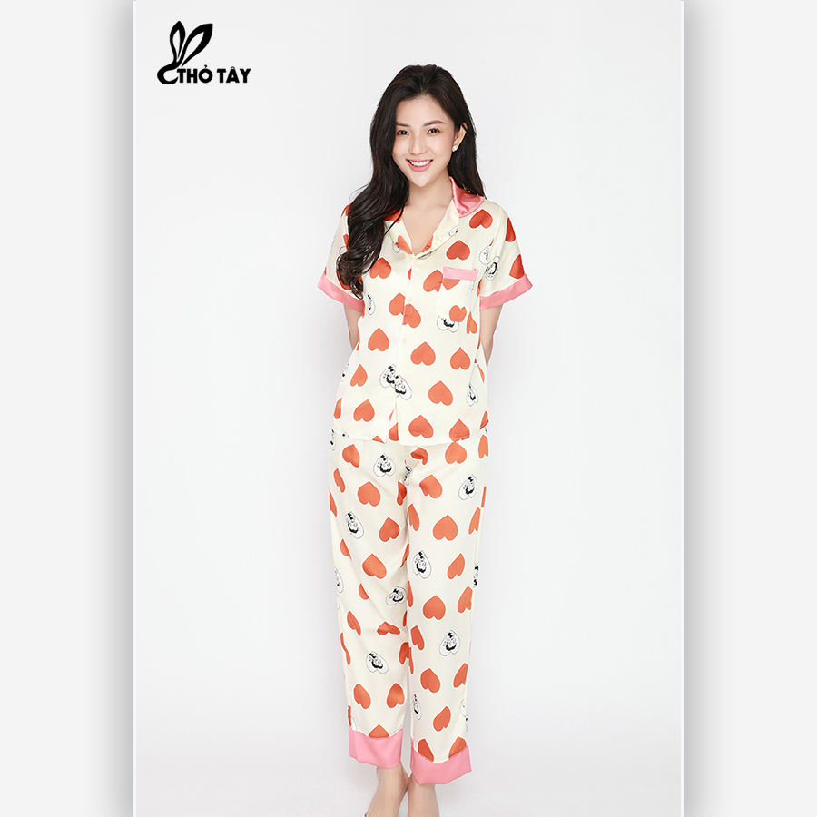 Đồ Ngủ Pijama Lụa Satin Dài Họa Tiết - THỎ TÂY DB255B251